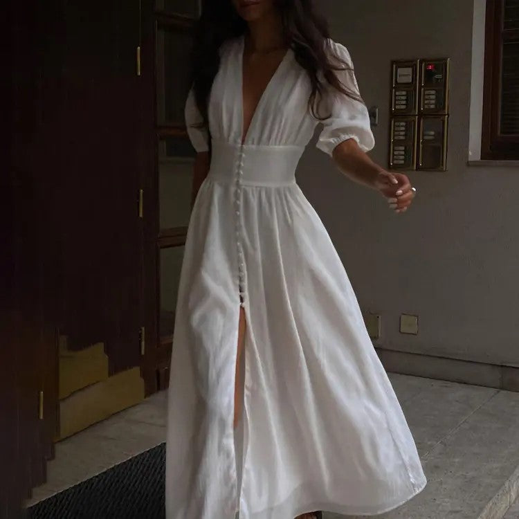 Long white dress with buttons
