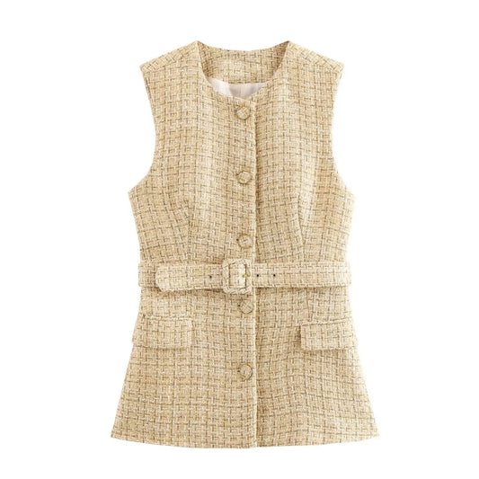 Women's tweed vest with belt