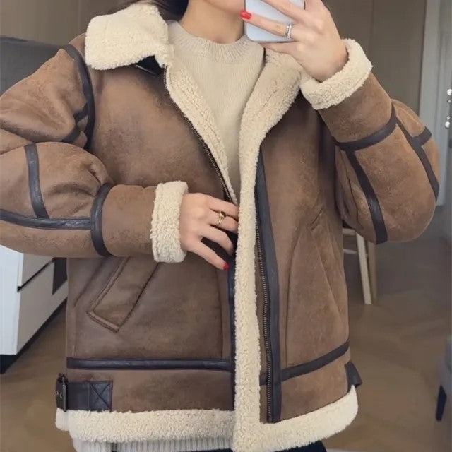 Suede jacket with fur inside fawn color