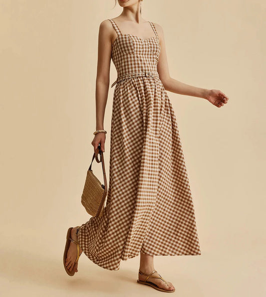 Dress with grid print and belt