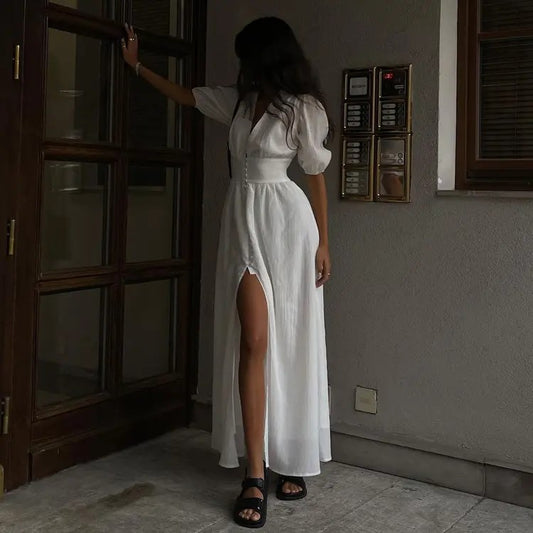 Long white dress with buttons