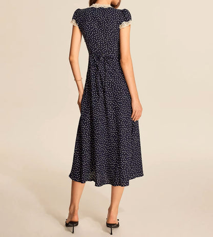 Polka dot dress with lace neckline