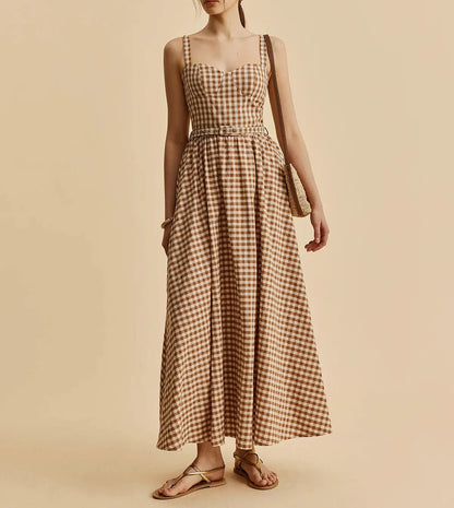 Dress with grid print and belt