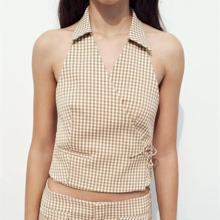 Tank top with brown and white checks