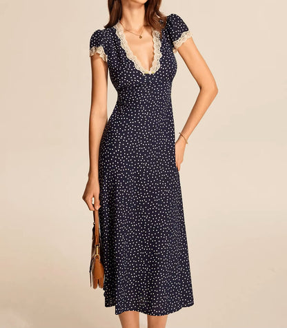 Polka dot dress with lace neckline