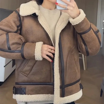 Suede jacket with fur inside fawn color